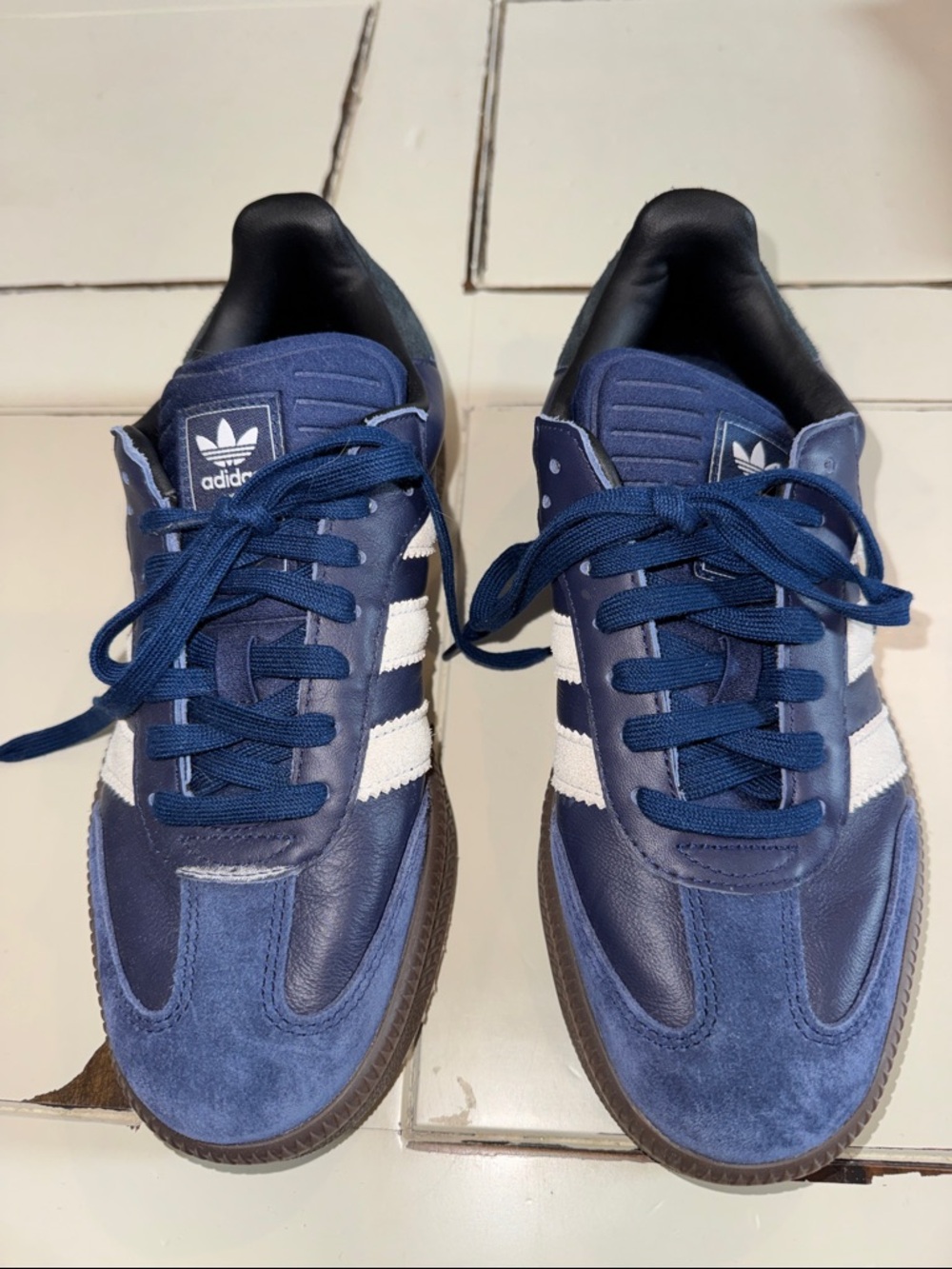 navy blue with white stripes adidas samba. size 7.5. leather upper. - Picture 2 of 8